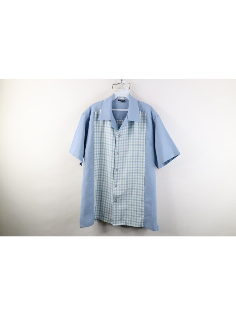 Vtg 90s Rockabilly Mens Medium Camp Collar Gingham Plaid Panel Knit Button Shirt